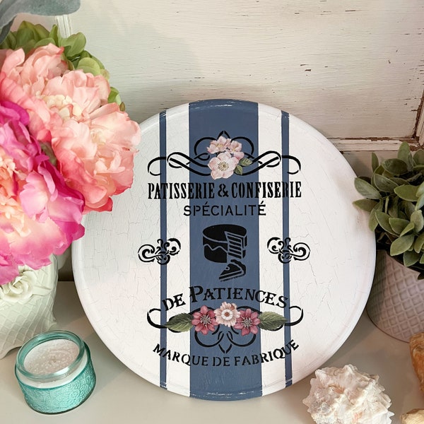 French Country Cottage Patisserie & Roses Cake Plate / Stand Shabby Confiserie Riser Denim Blue Grain Sack / Ticking Stripe