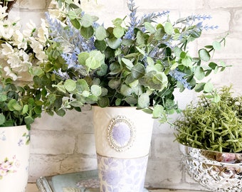 French Country Cottage French Lavender Floral Decoupaged Tin Metal Planter w/ Clay Medallion Swarovski AB Crystal Rhinestone White Gold Wax