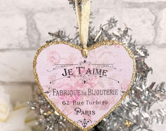 French Je T'aime Valentine Ornaments Pink Roses Country Shabby Elegant Chic Knob Hanger Gift Tag Glittered Heart Gold Paris Antique Fabric