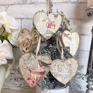 French Country Cottage Tea Time Valentine Ornaments 5 to Choose From French Gold Shabby Elegance Chic Knob Hanger Gift Tag Glittered Birds