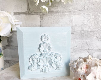 Beach Cottage Mermaid Seashell Mould Tier Tray Decor Aqua Baby Blue Cherub DIY White Waxed Shabby Country Chic Romantic Real Beveled Wood