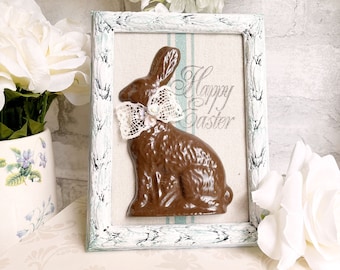 French Country Cottage Framed Faux Chocolate Rabbit Bunny Aged Distressed Shabby Easter Distressed Vintage Lace Grain Sack Stripe Farm Fresh