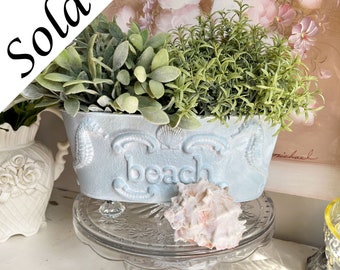 Beach Cottage Seahorse & Scallop Metal Planter HP Garden Pot Distressed Aqua Blue White Washed Chippy Shabby Elegant Chic