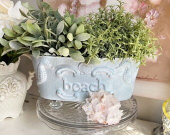 Beach Cottage Seahorse & Scallop Metal Planter HP Garden Pot Distressed Aqua Blue White Washed Chippy Shabby Elegant Chic