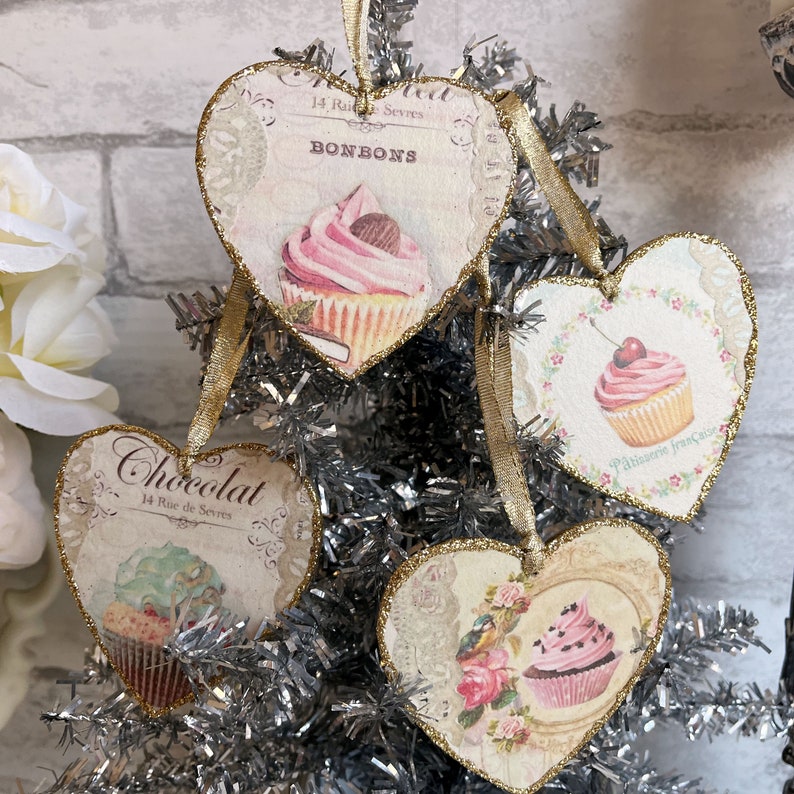 French Pâtisserie Cupcake Gâteau Valentines Ornaments 4 to Choose From Country Gold Shabby Elegant Chic Knob Hanger Gift Tag Glittered Birds image 3