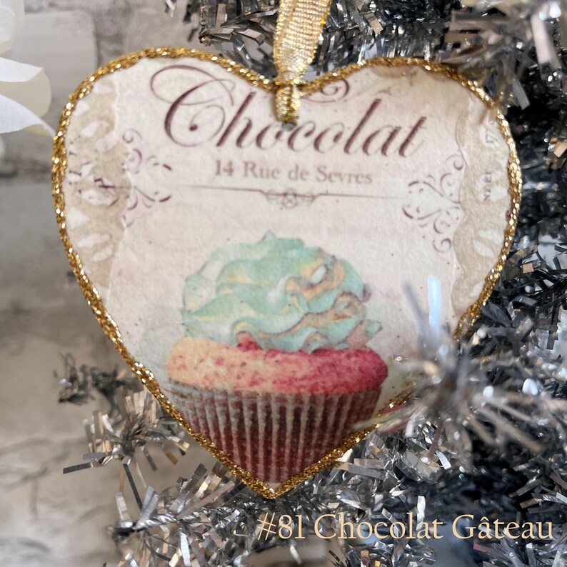 French Pâtisserie Cupcake Gâteau Valentines Ornaments 4 to Choose From Country Gold Shabby Elegant Chic Knob Hanger Gift Tag Glittered Birds image 9