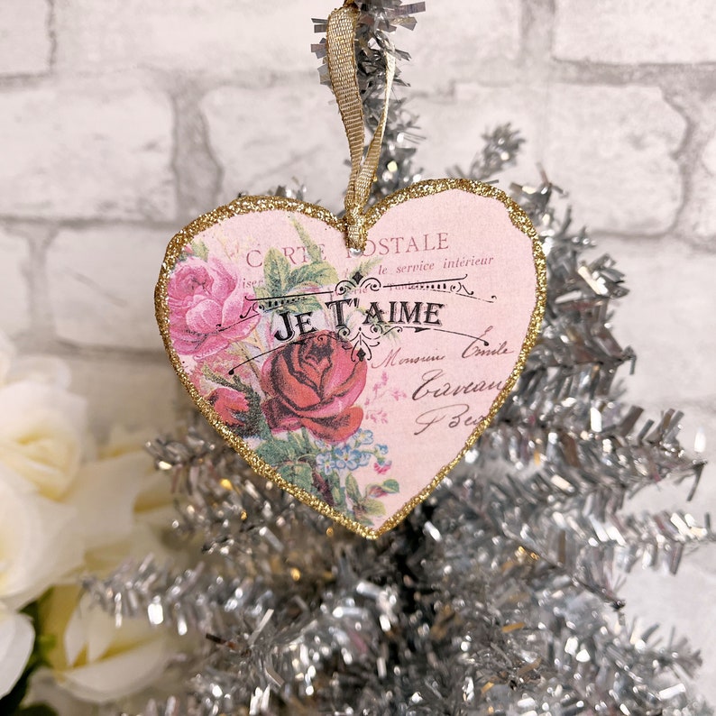 French Je T'aime Valentine Ornaments Pink Roses Country Shabby Elegant Chic Knob Hanger Gift Tag Glittered Heart Gold Paris Antique Postcard image 1