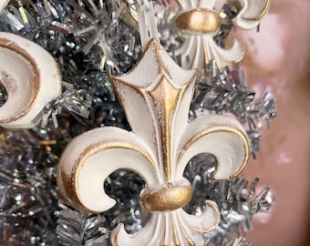 French Country Cottage Fleur de Lis Christmas Ornament Cream & Antique Gold Shabby Elegance  Chic Handmade Knob Hanger Gift Tag