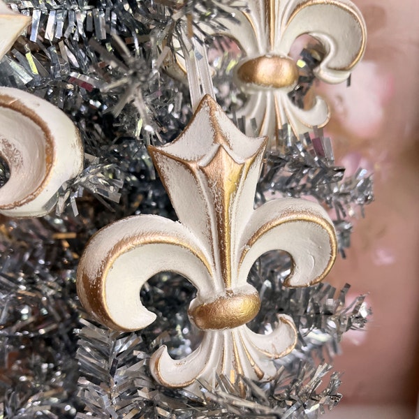 French Country Cottage Fleur de Lis Christmas Ornament Cream & Antique Gold Shabby Elegance  Chic Handmade Knob Hanger Gift Tag