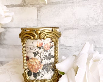 French Country Orange Roses on Vintage Sheet Music Upcycled Soup Can Gold Filigree Aged Script Decoupage Antique Bronze Pen Holder Planter