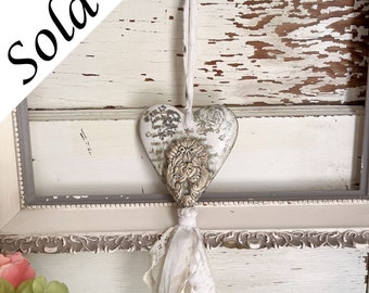 Gorgeous French Country Cottage Ceramic Heart Sachet Upcycled Vintage Gold Cream Grey Shabby Old World Charm Paris Roses Handcrafted HP