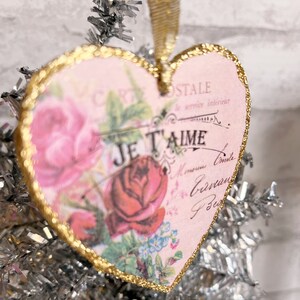French Je T'aime Valentine Ornaments Pink Roses Country Shabby Elegant Chic Knob Hanger Gift Tag Glittered Heart Gold Paris Antique Postcard image 5