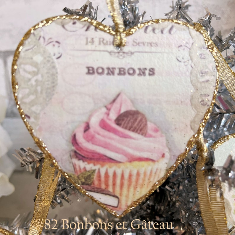French Pâtisserie Cupcake Gâteau Valentines Ornaments 4 to Choose From Country Gold Shabby Elegant Chic Knob Hanger Gift Tag Glittered Birds image 10