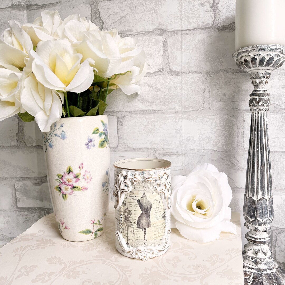 French Country Paris Mannequin Upcycled Soup Can Flourish Decoupage ...