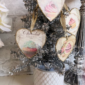 French Pâtisserie Cupcake Gâteau Valentines Ornaments 4 to Choose From Country Gold Shabby Elegant Chic Knob Hanger Gift Tag Glittered Birds image 6