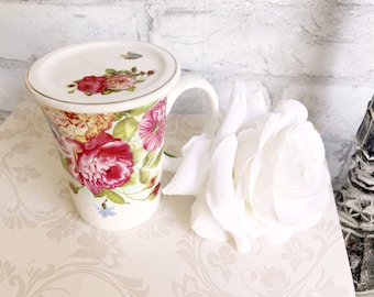 French Country Tea Roses Pink & Burgundy Bone China Porcelain Lidded Tea Coffee Cup Gold Trim Red Shabby Chic Gracie Victorian Blue Daisies