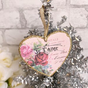 French Je T'aime Valentine Ornaments Pink Roses Country Shabby Elegant Chic Knob Hanger Gift Tag Glittered Heart Gold Paris Antique Postcard image 2