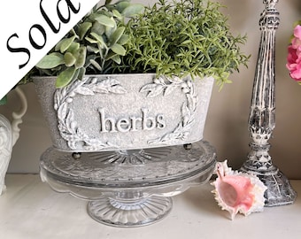 French Country Cottage Olive Branches & Herbs Metal Planter HP Garden Pot Distressed Neutral Mossy Green Chippy Shabby Off White Gustavian