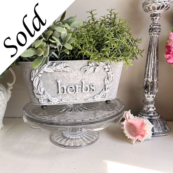 French Country Cottage Olive Branches & Herbs Metal Planter HP Garden Pot Distressed Neutral Mossy Green Chippy Shabby Off White Gustavian
