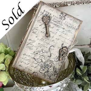 French Country Cottage Romantic Gold Gilded Les Roses Upcycled Book Handcrafted Handpainted