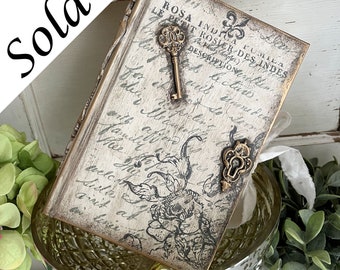 French Country Cottage Romantic Gold Gilded Les Roses Upcycled Book Handcrafted Handpainted