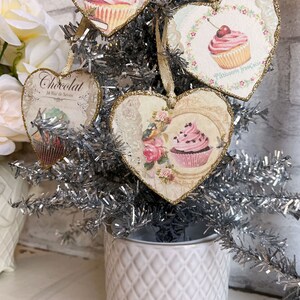 French Pâtisserie Cupcake Gâteau Valentines Ornaments 4 to Choose From Country Gold Shabby Elegant Chic Knob Hanger Gift Tag Glittered Birds image 5
