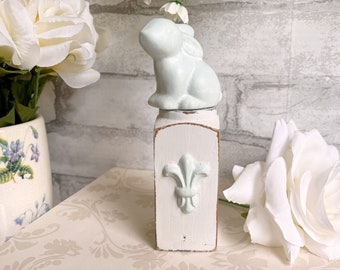 French Country Cottage Vintage Style White & Haint Blue Fleur de Lis Rabbit Bunny Hare on Salvaged Wood Aged Distressed Paris Shabby Easter