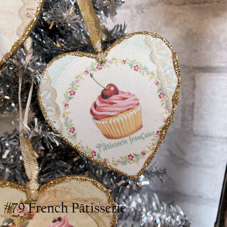 French Pâtisserie Cupcake Gâteau Valentines Ornaments 4 to Choose From Country Gold Shabby Elegant Chic Knob Hanger Gift Tag Glittered Birds image 7