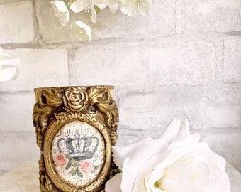 French Country Crown & Pink Roses on Vintage Sheet Music Upcycled Can Gold Filigree Aged Script Decoupage Antique Bronze Pen Holder Planter