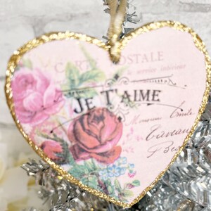 French Je T'aime Valentine Ornaments Pink Roses Country Shabby Elegant Chic Knob Hanger Gift Tag Glittered Heart Gold Paris Antique Postcard image 4