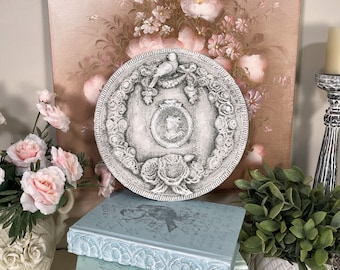 French Country Cottage Spring Floral Cameo Plaque Sign Picture Plate Platter Tray Old World Gustavian Finish Garden Distressed Chic Shabby