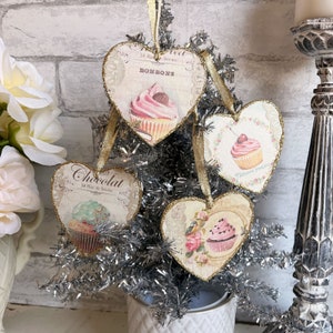 French Pâtisserie Cupcake Gâteau Valentines Ornaments 4 to Choose From Country Gold Shabby Elegant Chic Knob Hanger Gift Tag Glittered Birds image 2