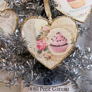 French Pâtisserie Cupcake Gâteau Valentines Ornaments 4 to Choose From Country Gold Shabby Elegant Chic Knob Hanger Gift Tag Glittered Birds image 8