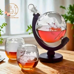 Ensemble carafe carte du monde avec verres à whisky, bouteille d'alcool globe avec motif bateau, cadeau parfait pour les amateurs de whisky et décoration de bar