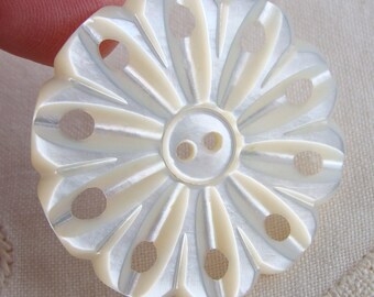 Beautiful Large Pierced Carved Mother of Pearl Antique Button 1.5 inches