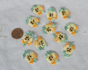 NOS 12 Vintage Embroidered Yellow Gold Pansy Flower Applique Trim Set of 12 Appliques