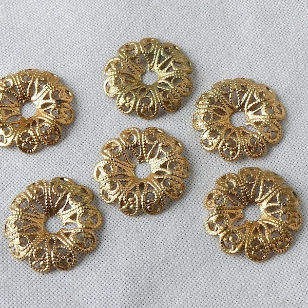 Vintage Bead Caps Lot of 6 Brass Metal Finding Supply Filigree