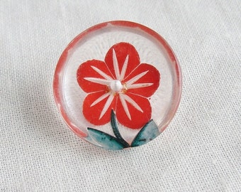 Vintage Red Reversed Carved Lucite Button Hand Painted Flower with Green Leaves