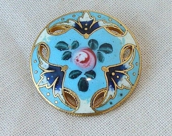 Antique Enamel Openwork Brass Button Blue & White Champleve Enamel Painted with Pink Rose Bud