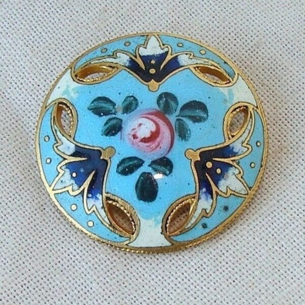 Antique Enamel Openwork Brass Button Blue & White Champleve Enamel Painted with Pink Rose Bud