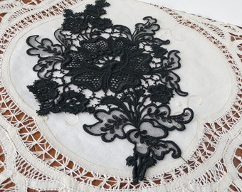 Antique Large Black Silk Guipure Net Lace Floral Applique Dress Trim 9 3/8" x 6 3/8"