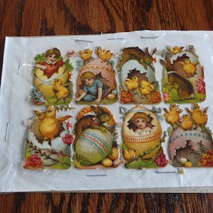 Miniature Easter Theme Children Eggs Rabbits Chicks Antique Victorian Die Cut Scrap