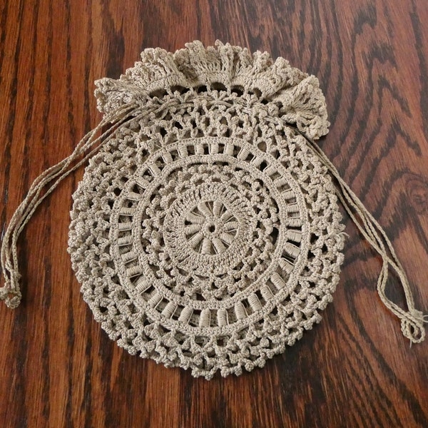 Antique Edwardian Crochet Lace Drawstring Handbag Purse