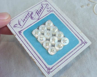 Set of 12 Tiny Antique Carved Mother of Pearl Abalone Shell  Small Buttons 4 hole sew thru 1/4" across Original Store Card