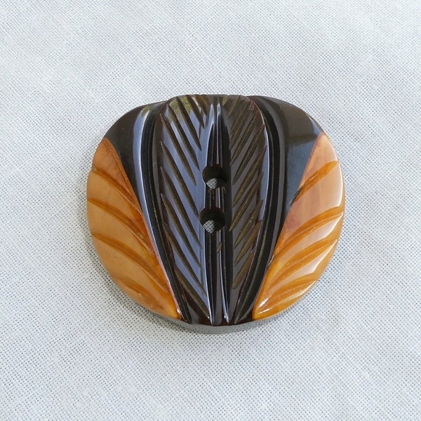 Large 2-Tone Carved Bakelite Butterscotch Marble & Brown Chunky Coat Dress Button 1 1/2"