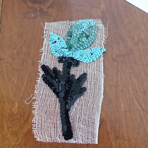 Vintage Sequin Aqua & Black Flower Millinery Dress Trim
