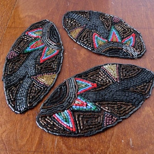 Set of 3 Antique Oval Glass Bead Tulle Net Trim Applique Art Deco 1920s Millinery Cloche Trim