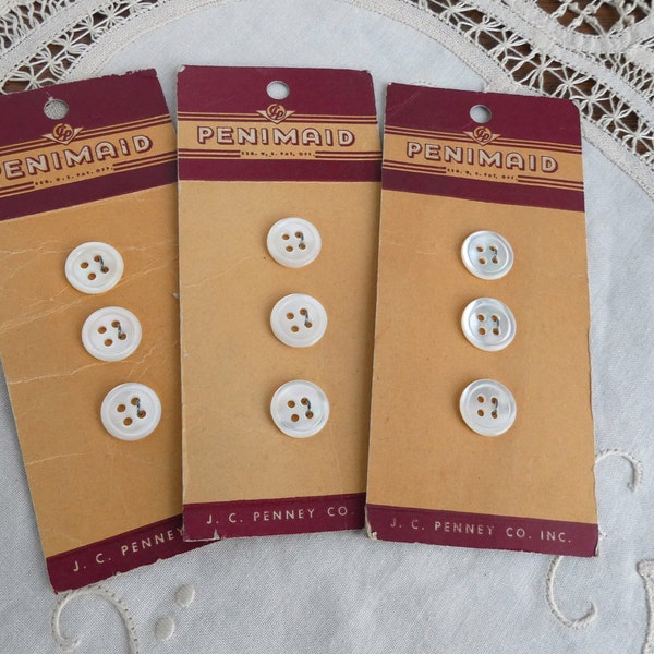 3 Vintage Cards Mother of Pearl  Penimaid Buttons