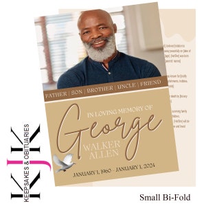 May include: A brown and tan bi-fold memorial card with a photo of a man. The card reads "In Loving Memory of George Walker Allen, January 1, 1960 - January 1, 2024".