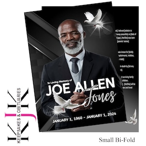 May include: Black and white bi-fold funeral program with a photo of a man in a suit. The program reads "In Loving Memory of Joe Allen Jones" and includes the dates "January 1, 1960 - January 1, 2024".